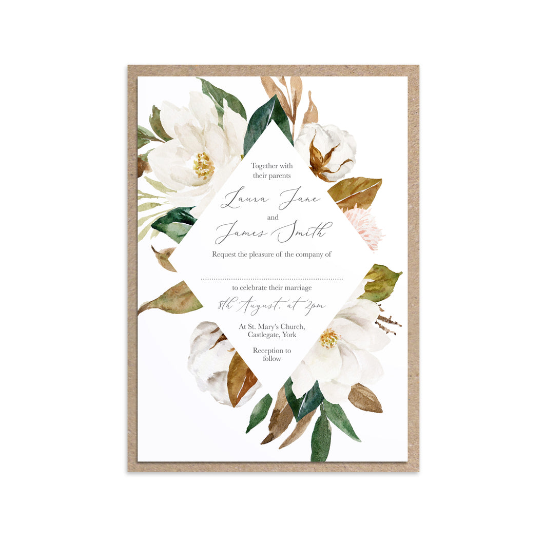 Magnolia Wedding Invitations, Ivory Floral, Boho Wedding, Cotton Wedding, Autumn Wedding, 10 Pack