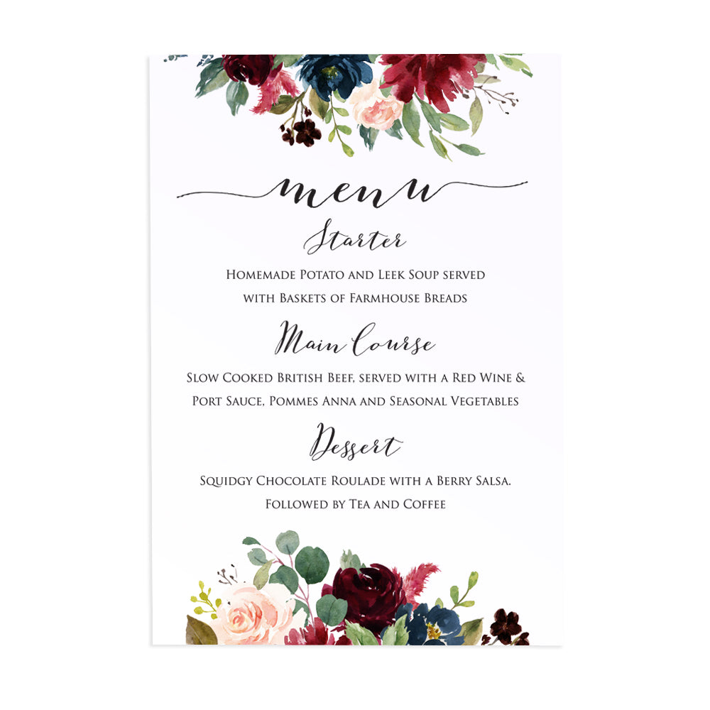Burgundy, Navy & Blush Floral Wedding Menu, Menu Postcards, Burgundy Navy Invite, Rustic Floral, Blush Wedding Invite, Boho Floral Wedding, 5 Pack