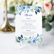 Blue Floral Wedding Menu, Blue Watercolour flowers, Baby Blue, Pastel Blue Wedding, 5 Pack