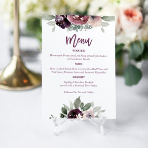 Plum Floral Wedding Menu, Purple Wedding, Lilac, Mauve, Purple and Blush, 5 Pack