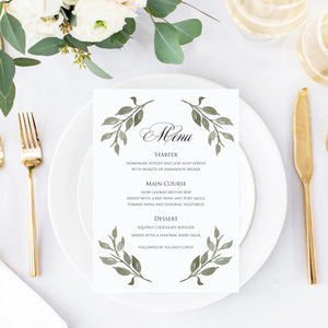 Elegant Geometric Wedding Menu, Greenery Wedding, Leaf Wedding, Foliage, 5 Pack