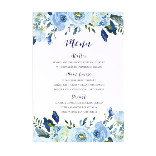 Blue Floral Wedding Menu, Blue Watercolour flowers, Baby Blue, Pastel Blue Wedding, 5 Pack