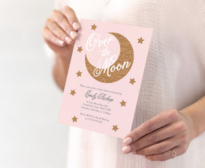 Over The Moon Baby Shower Invitations, Pink Baby Shower, Baby Girl, 10 Pack