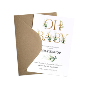 Green and Gold Baby Shower Invitations, Greenery Baby Shower, Foliage Baby Shower, Unisex, 10 Pack