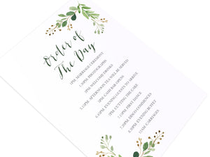 Green Leaf Order of The Day Postcards, Watercolour Foliage, Greenery, Eucalyptus Invites, Green Wreath, Botanical Wedding, 10 Pack