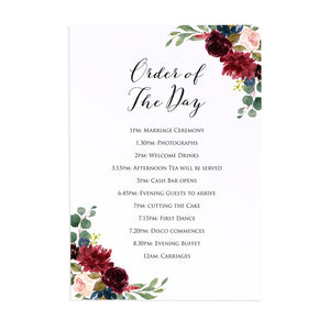 Burgundy, Navy & Blush Floral Order of The Day Postcards, Detail Cards, Burgundy Navy Invite, Rustic Floral, Blush Wedding Invite, Boho Floral Wedding, 10 Pack