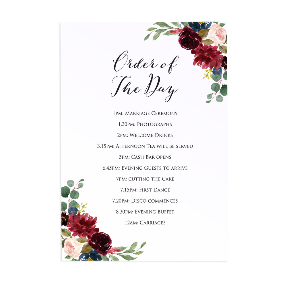 Burgundy, Navy & Blush Floral Order of The Day Postcards, Detail Cards, Burgundy Navy Invite, Rustic Floral, Blush Wedding Invite, Boho Floral Wedding, 10 Pack