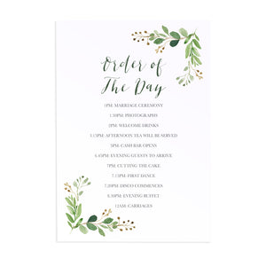 Green Leaf Order of The Day Postcards, Watercolour Foliage, Greenery, Eucalyptus Invites, Green Wreath, Botanical Wedding, 10 Pack