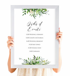 Greenery Order of Events Poster, Welcome Sign, Watercolour Foliage, Greenery, Eucalyptus, Green Wreath, Botanical Wedding