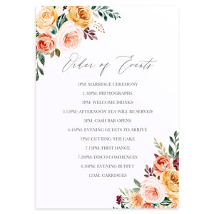 Autumn Floral Order of Events Poster, Welcome Sign, Autumn Wedding, Fall Wedding, Burgundy & Orange, Peach Wedding