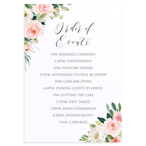 Blush and Gold Order of Events Poster, Welcome Sign, Pink Watercolour flowers, Blush Wedding