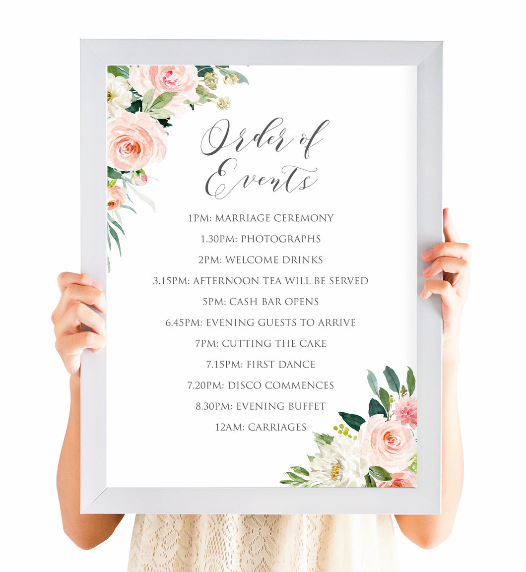 Blush and Gold Order of Events Poster, Welcome Sign, Pink Watercolour flowers, Blush Wedding