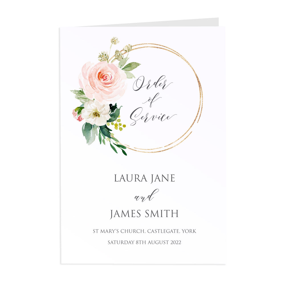 Blush and Gold Order of Service Booklets, Wedding Programme, Church Programme, Pink Watercolour flowers, Blush Wedding, 10 Pack