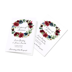 Burgundy, Navy & Blush Floral Order of Service Booklets, Burgundy Navy Invite, Rustic Floral, Blush Wedding Invite, Boho Floral Wedding, 10 Pack