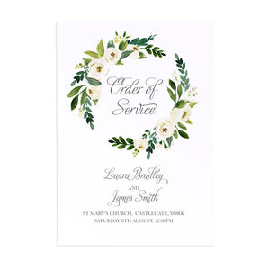 White Wedding Order of Service Booklets, White Floral Watercolour, White Peony, White Rose Invites, Botanical Wedding, 10 Pack