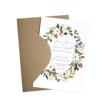 Magnolia Wedding Invitations, Oval Wreath, Ivory Floral, Boho Wedding, Cotton Wedding, Autumn Wedding, 10 Pack