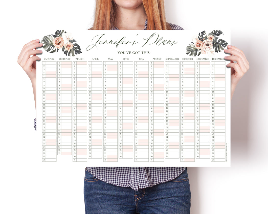 Personalised Calendar, Blush Palm, Study Planner, Year Wall Planner, Family Planner, University Planner, Office Planner, Memo Board, A2