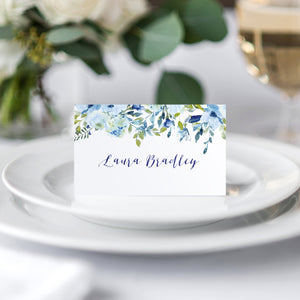 Blue Floral Place Cards, Seating Cards, Place Settings, Blue Watercolour flowers, Baby Blue, Pastel Blue Wedding, 20 Pack
