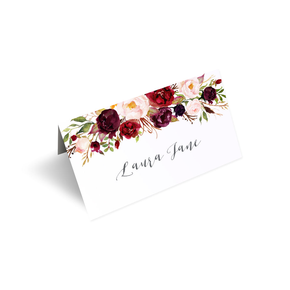 Boho Red Rose Place Cards, Seating Cards, Place Settings, Burgundy Invite, Red Roses, Red Wedding, Boho Floral Wedding, 20 Pack