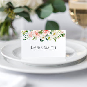 Blush and Gold Place Cards, Seating Cards, Place Settings, Pink Watercolour flowers, Blush Wedding, 20 Pack