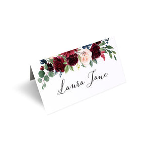 Burgundy, Navy & Blush Floral Place Cards, Seating Cards, Place Settings, Burgundy Navy Invite, Rustic Floral, Blush Wedding Invite, Boho Floral Wedding, 20 Pack