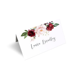 Red and Gold Place Cards, Seating Cards, Place Settings, Ruby Red, Burgundy, Blush, Red Floral, 20 Pack