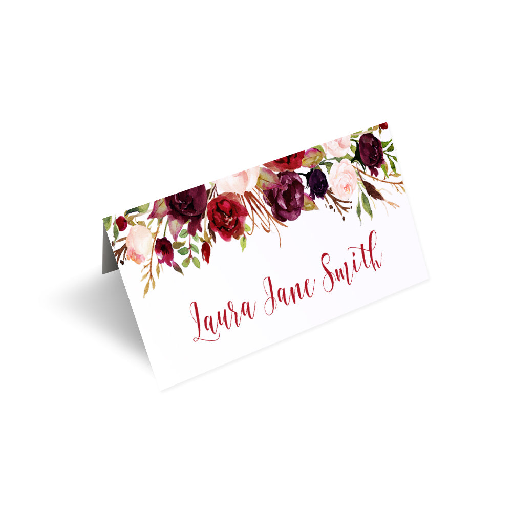 Boho Floral Antler Place Cards, Rustic Wedding Invitation, Floral Wedding Invitation, Red Rose, Rustic Country, 20 Pack