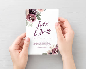 Plum Floral Wedding Invitations, Purple Wedding, Lilac, Mauve, Purple and Blush, 10 Pack