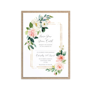Blush and Gold Wedding Invitations, Rectangle Frame, Pink Watercolour flowers, Blush Wedding, 10 Pack