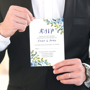 Blue Floral RSVP Cards, Blue Watercolour flowers, Baby Blue, Pastel Blue Wedding, 10 Pack