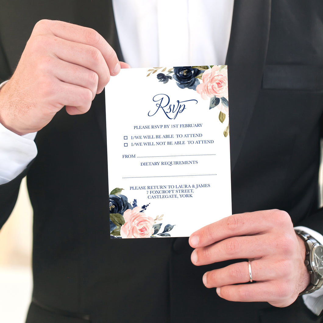 Navy and Blush RSVP Cards, Response Cards, Navy Floral, Navy Wedding, Watercolour Flowers, 10 Pack