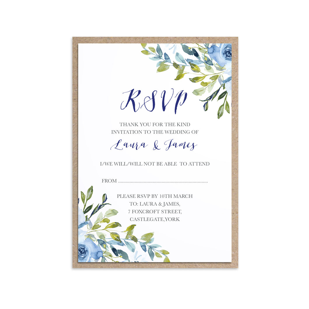Blue Floral RSVP Cards, Blue Watercolour flowers, Baby Blue, Pastel Blue Wedding, 10 Pack
