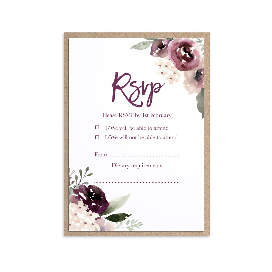 Plum Floral RSVP Cards, Purple Wedding, Lilac, Mauve, Purple and Blush, 10 Pack