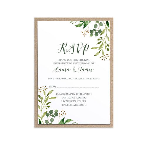 Green Leaf RSVP Cards, Watercolour Foliage, Greenery, Eucalyptus, Green Wreath, Botanical Wedding, 10 Pack