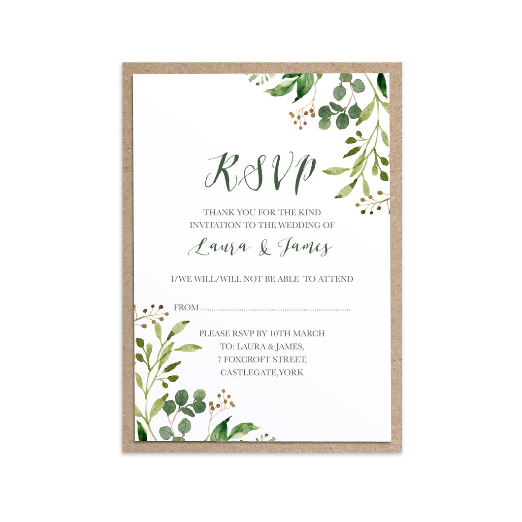 Green Leaf RSVP Cards, Watercolour Foliage, Greenery, Eucalyptus, Green Wreath, Botanical Wedding, 10 Pack