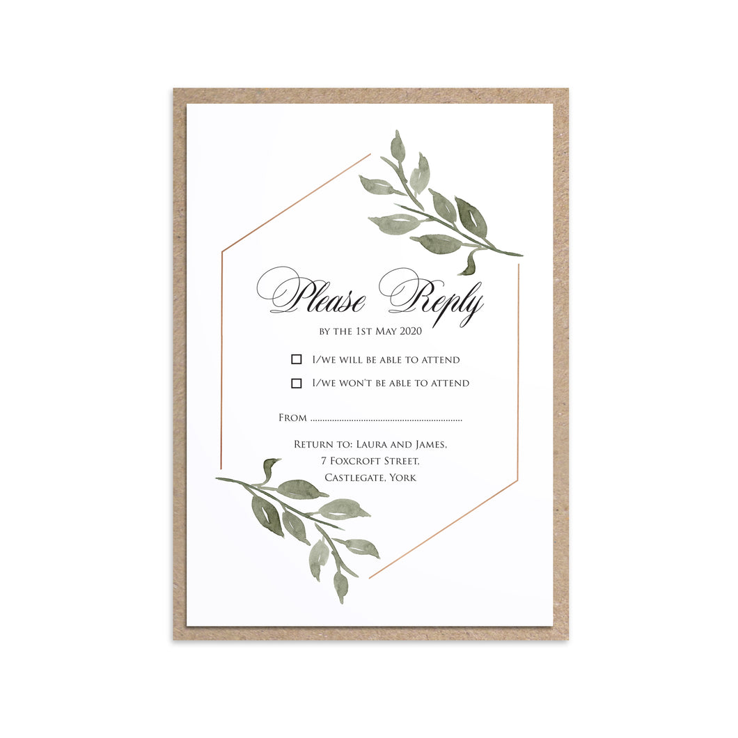 Elegant Geometric RSVP Cards, Greenery Wedding, Leaf Wedding, Foliage, 10 Pack