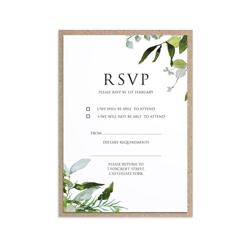 Greenery RSVP Cards, Watercolour Foliage, Greenery, Eucalyptus, Green Wreath, Botanical Wedding, 10 Pack