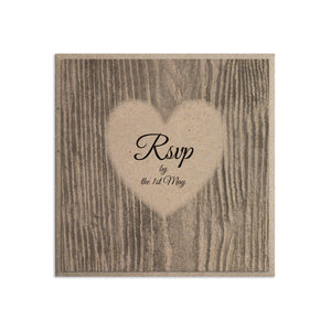Carved Heart RSVP Cards, Rustic Wedding Invite, Names in Bark, Eco Wedding, 10 Pack