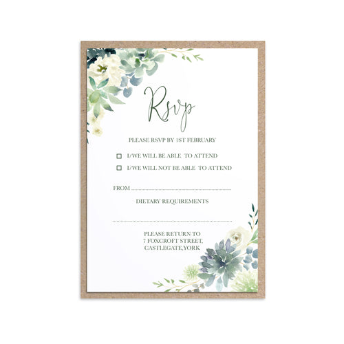 Succulent Floral RSVP Cards, Response Cards, Botanical Wedding, Mint Wedding, Eucalyptus, 10 Pack