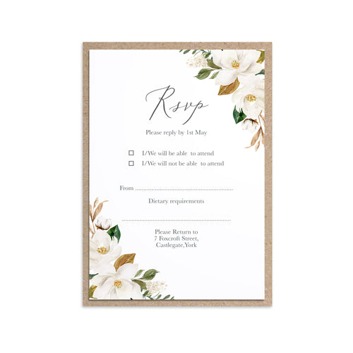 Magnolia RSVP Cards, Ivory Floral, Boho Wedding, Cotton Wedding, Autumn Wedding, 10 Pack