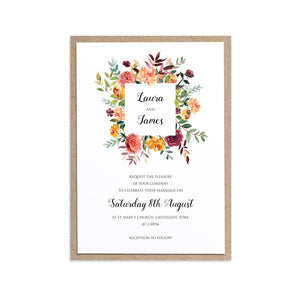 Paprika Wedding Invitation, Square Wreath, Orange Floral Wedding Invitation, Autumn Wedding, Fall Wedding, 10 Pack