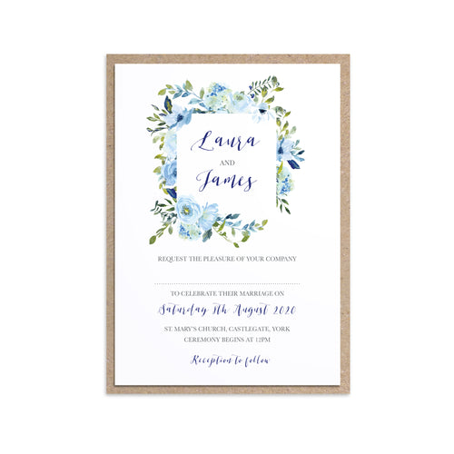 Blue Floral Wedding Invitations, Square Wreath, Blue Watercolour flowers, Baby Blue, Pastel Blue Wedding, 10 Pack
