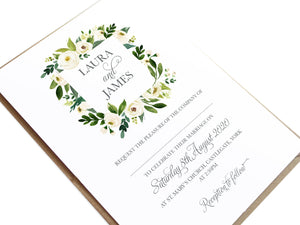 White Wedding Invitations, Square Wreath, White Floral Watercolour, White Peony, White Rose Invites, Botanical Wedding, 10 Pack