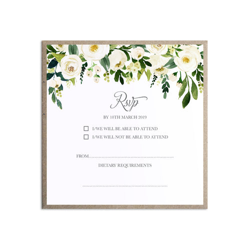 White Wedding RSVP Cards, Square, White Floral Watercolour, White Peony, White Rose Invites, Botanical Wedding, 10 Pack