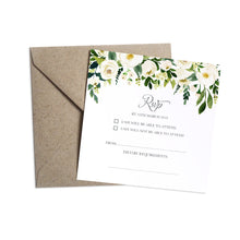 White Wedding RSVP Cards, Square, White Floral Watercolour, White Peony, White Rose Invites, Botanical Wedding, 10 Pack