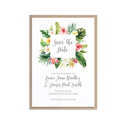 Tropical Floral Save the Date Cards, Square Wreath, Beach Wedding, Tropical Wedding, 10 Pack