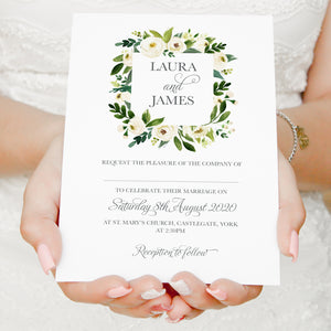 White Wedding Invitations, Square Wreath, White Floral Watercolour, White Peony, White Rose Invites, Botanical Wedding, 10 Pack
