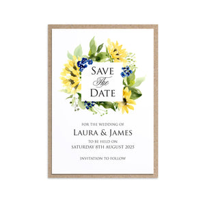 Navy Sunflower Save the Date Cards, Navy and Yellow Wedding, Sunflowers, Sunflower Invitation, 10 Pack