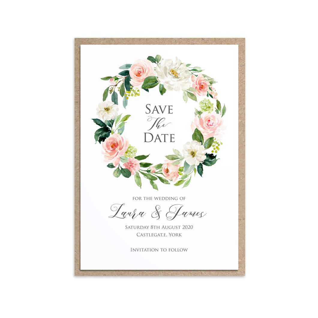 Blush and Gold Save the Date Cards, Pink Watercolour flowers, Blush Wedding, 10 Pack