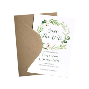 Green Leaf Save the Date Cards, Watercolour Foliage, Greenery, Eucalyptus, Green Wreath, Botanical Wedding, 10 Pack